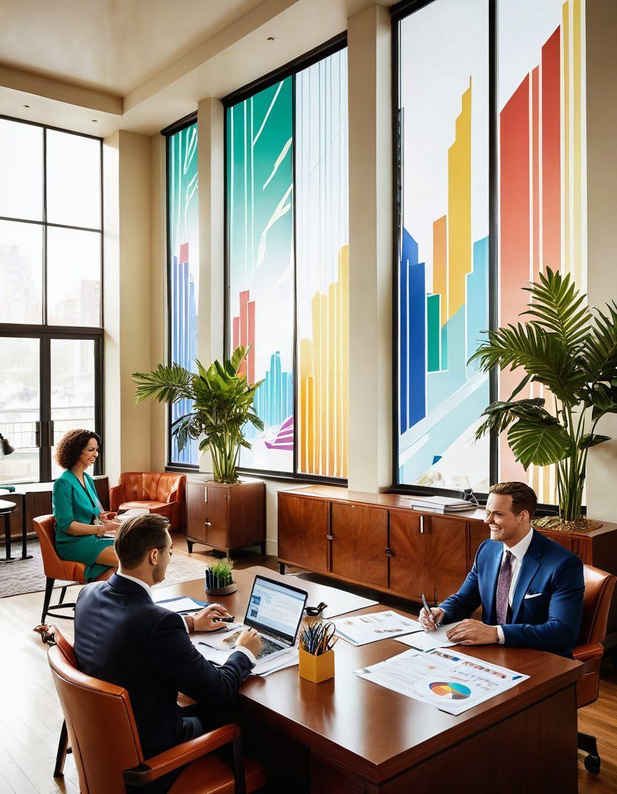 An illustration of a financial advisor discussing smart coverage solutions with a diverse group of clients in a bright, modern office. The scene should include visual elements like a large digital screen displaying graphs, insurance policy documents, and a piggy bank symbolizing savings. The atmosphere should convey trust and professionalism, with plants and natural light enhancing the environment. art deco style. vibrant colors.