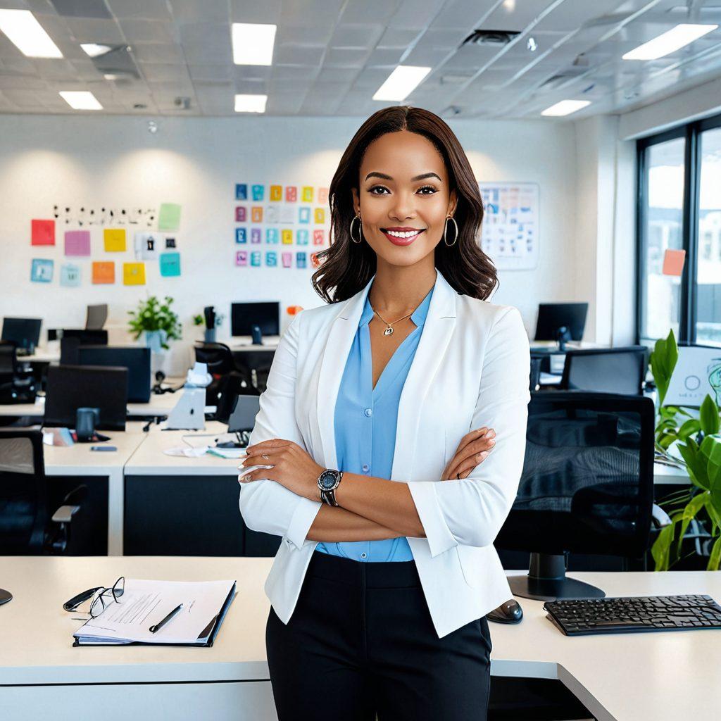 A stylish, confident woman named Judy, embodying the essence of empowerment, stands in a modern office environment surrounded by floating icons representing various insurance options (health, auto, life). She is holding a key that symbolizes unlocking secrets, while a diverse group of people, representing different lifestyles, look on with curiosity and admiration. The scene is filled with vibrant colors to convey energy and optimism. super-realistic. vibrant colors. modern design.
