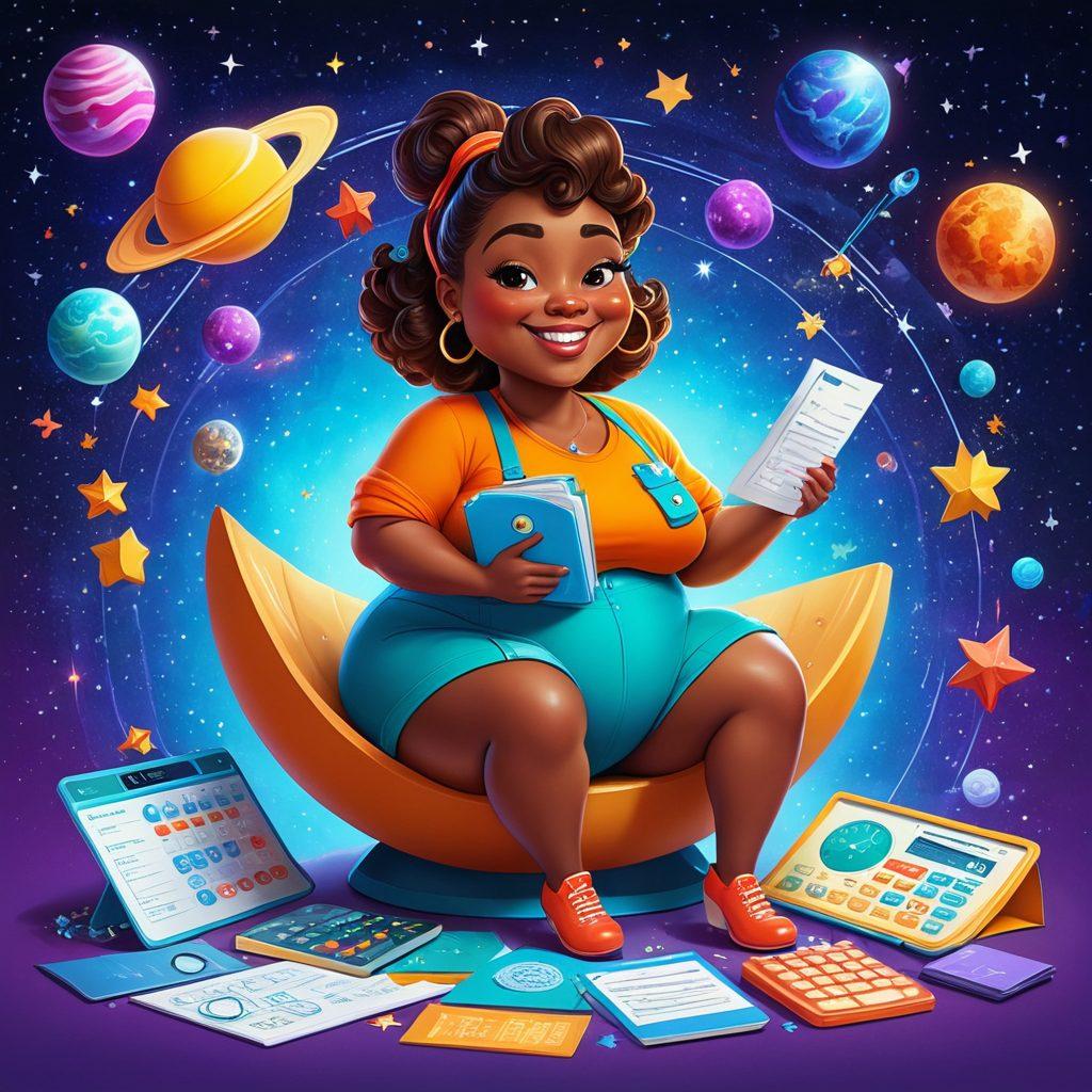 A whimsical cartoon character named Big Booty Judy, with a playful smile, sitting on a giant insurance-cost calculator surrounded by floating icons representing various insurance types like health, auto, and home. The background features a vibrant universe theme with stars, planets, and galaxies symbolizing the complexity of insurance. Bright colors and fun elements should create a lighthearted yet informative atmosphere. cartoon style. vibrant colors. whimsical.